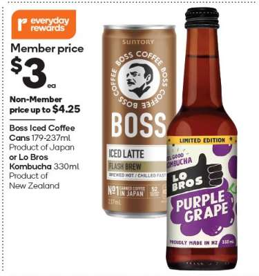 Boss Iced Coffee Cans or Lo Bros Kombucha