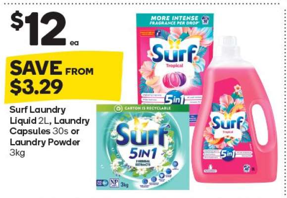 Surf Laundry Liquid 2L, Laundry Capsules 30s or Laundry Powder 3kg