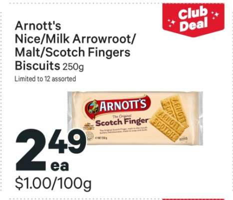 Arnott's Nice/Milk Arrowroot/Malt/Scotch Fingers Biscuits 250g