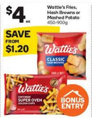 Wattie's Fries, Hash Browns or Mashed Potato