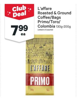 L'affare Roasted & Ground Coffee/Bags Primo/Toro/Colombia