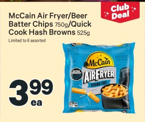 McCain Air Fryer/Beer Batter Chips 750g/Quick Cook Hash Browns 525g