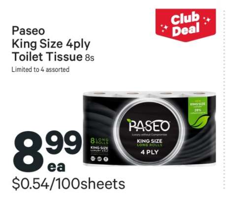 Paseo King Size 4ply Toilet Tissue 8s