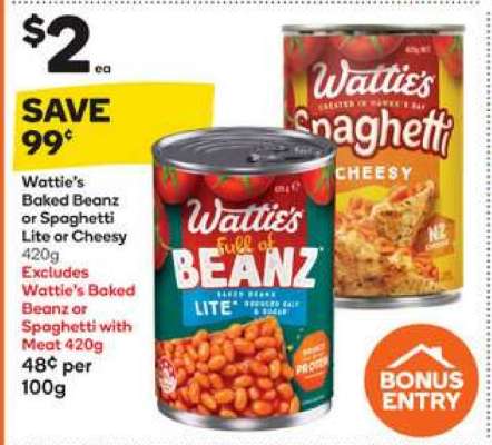 Wattie's Baked Beanz or Spaghetti Lite or Cheesy