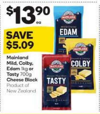 Mainland Mild, Colby, Edam 1kg or Tasty 700g Cheese Block