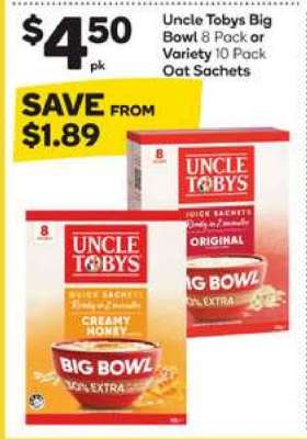 Uncle Tobys Big Bowl 8 Pack or Variety 10 Pack Oat Sachets