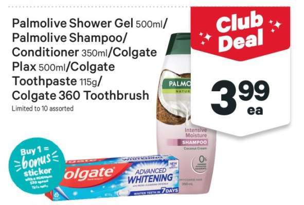 Palmolive Shower Gel 500ml/ Palmolive Shampoo/ Conditioner 350ml/ Colgate Plax 500ml/ Colgate Toothpaste 115g/ Colgate 360 Toothbrush