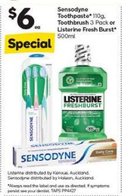Sensodyne Toothpaste, Toothbrush 3 Pack or Listerine Fresh Burst